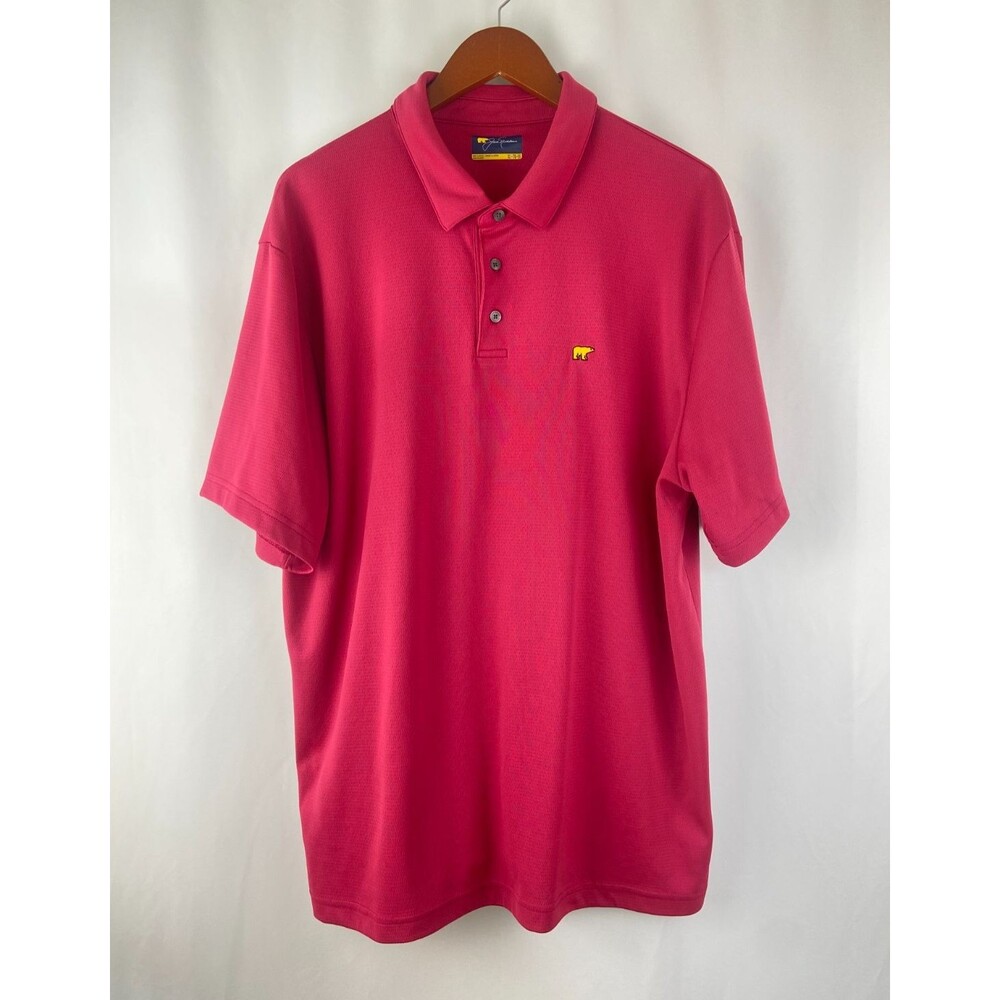 EUC Jack Nicklaus Perry Ellis Men's XL Red Pink Polo Golf Shirt Preppy Gold Bear